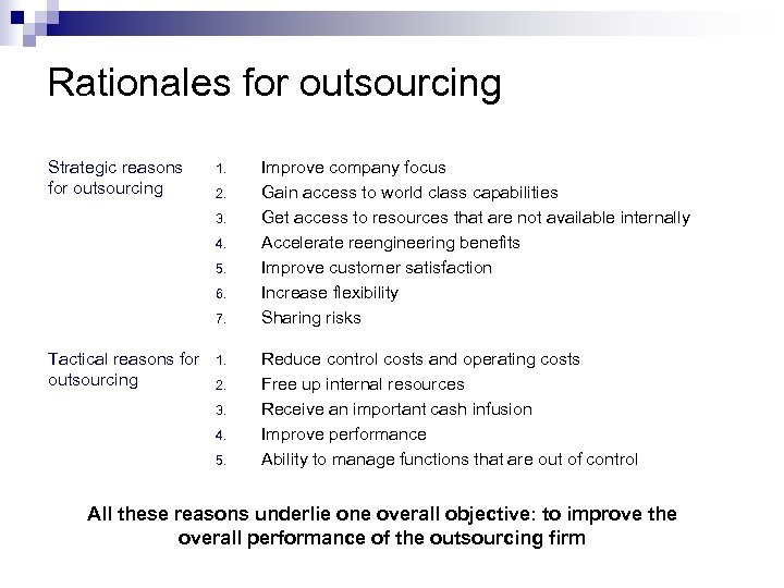 Rationales for outsourcing Strategic reasons for outsourcing 1. 2. 3. 4. 5. 6. 7.