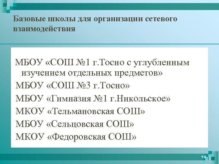Базовые школы для организации сетевого взаимодействия МБОУ «СОШ № 1 г. Тосно с углубленным