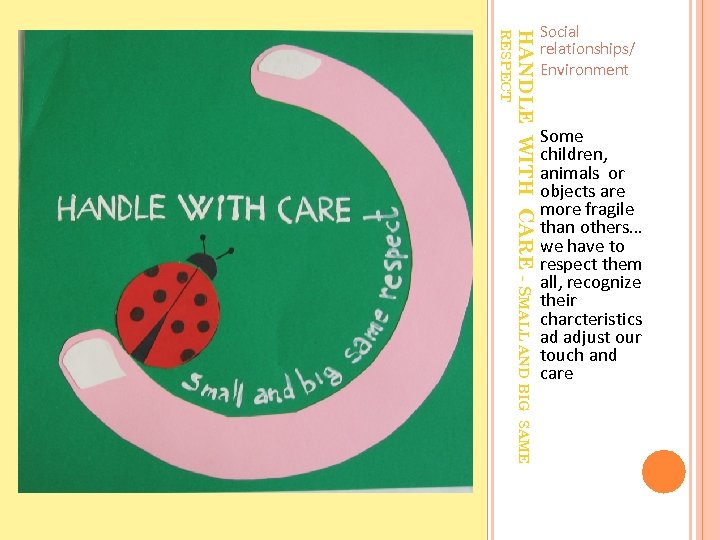 HANDLE WITH CARE - SMALL AND BIG RESPECT Social relationships/ Environment Some children, animals
