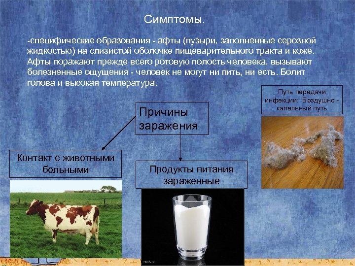 Симптомы. -специфические образования - афты (пузыри, заполненные серозной жидкостью) на слизистой оболочке пищеварительного тракта