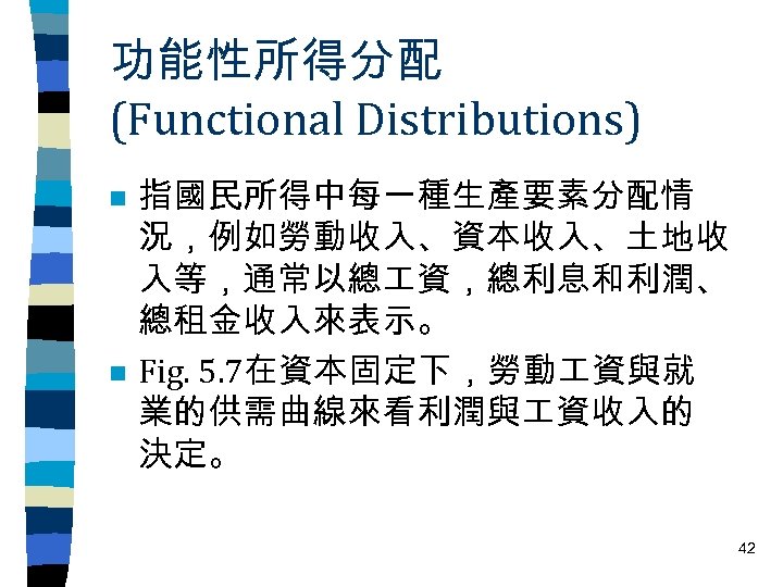 功能性所得分配 (Functional Distributions) n n 指國民所得中每一種生產要素分配情 況，例如勞動收入、資本收入、土地收 入等，通常以總 資，總利息和利潤、 總租金收入來表示。 Fig. 5. 7在資本固定下，勞動 資與就