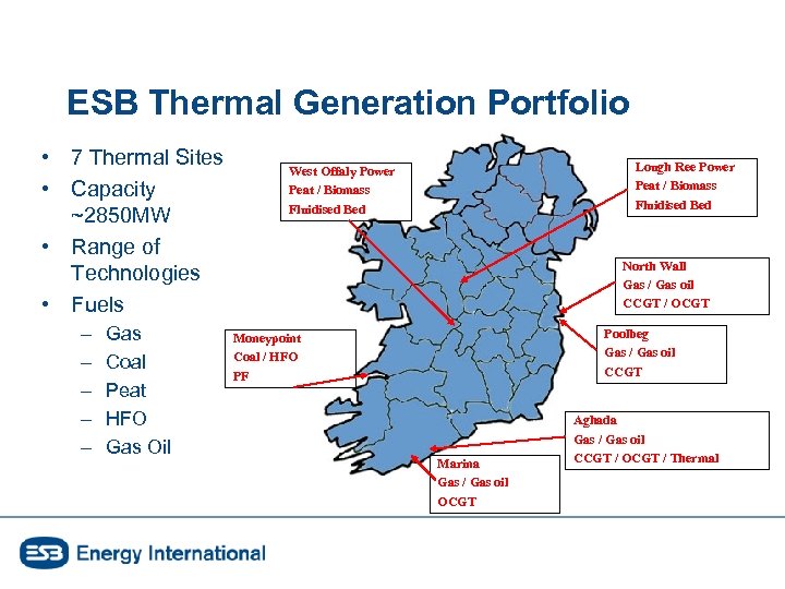ESB Thermal Generation Portfolio • 7 Thermal Sites • Capacity ~2850 MW • Range