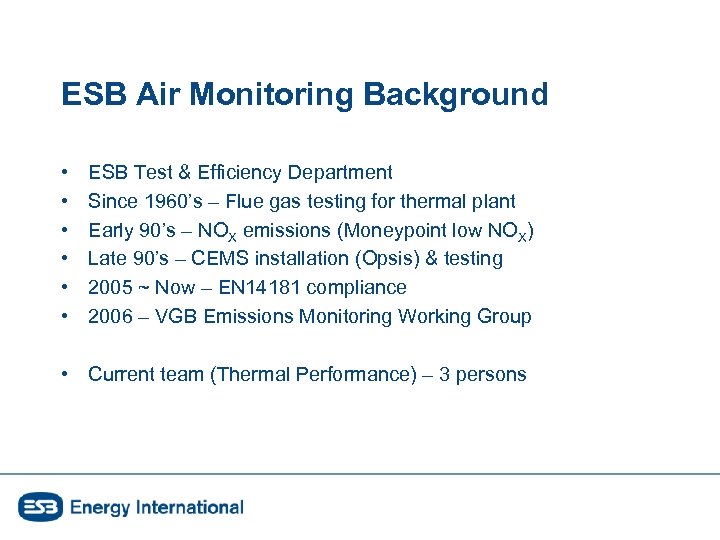 ESB Air Monitoring Background • • • ESB Test & Efficiency Department Since 1960’s