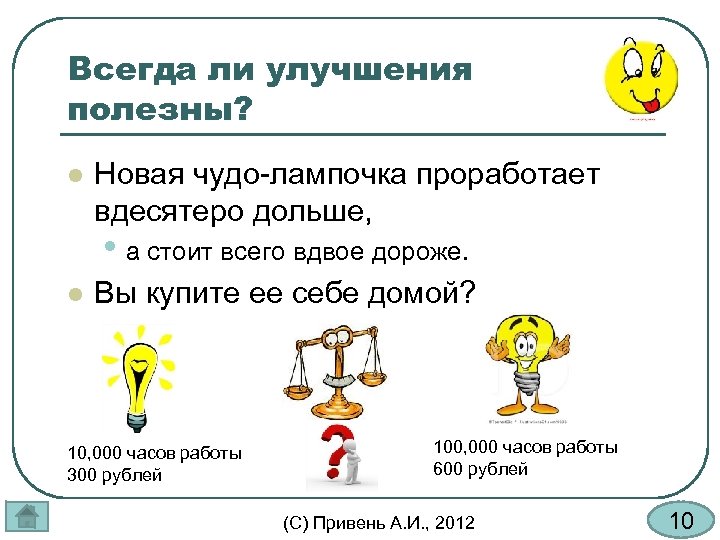 Всегда ли улучшения полезны? l Новая чудо-лампочка проработает вдесятеро дольше, • а стоит всего