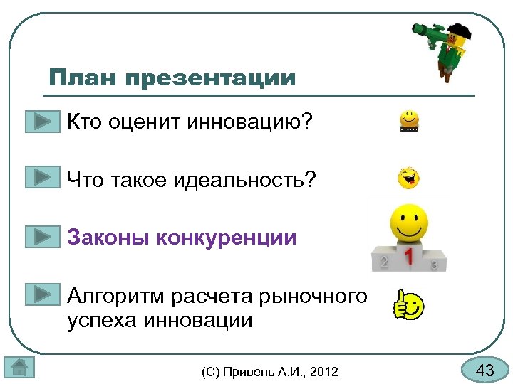 План презентации l Кто оценит инновацию? l Что такое идеальность? l Законы конкуренции l