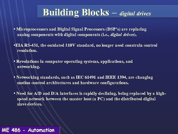 Building Blocks – digital drives • Microprocessors and Digital Signal Processors (DSP’s) are replacing
