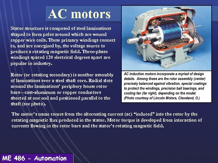 AC motors Stator structure is composed of steel laminations shaped to form poles around