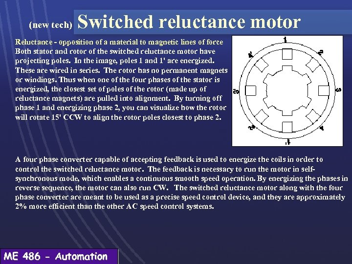 (new tech) Switched reluctance motor Reluctance - opposition of a material to magnetic lines