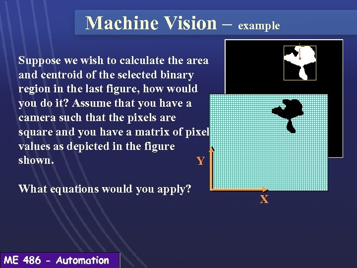 Machine Vision – example Suppose we wish to calculate the area and centroid of