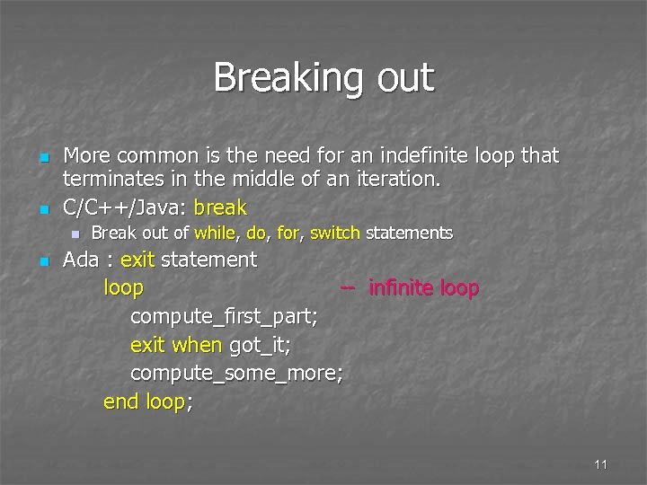 Breaking out n n More common is the need for an indefinite loop that