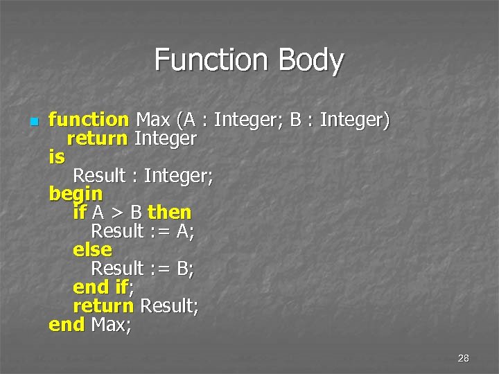 Function Body n function Max (A : Integer; B : Integer) return Integer is