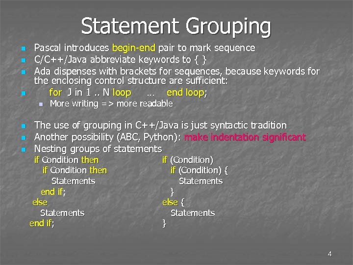 Statement Grouping n n Pascal introduces begin-end pair to mark sequence C/C++/Java abbreviate keywords