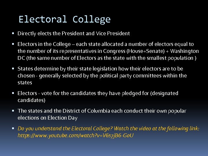 Electoral College Directly elects the President and Vice President Electors in the College –