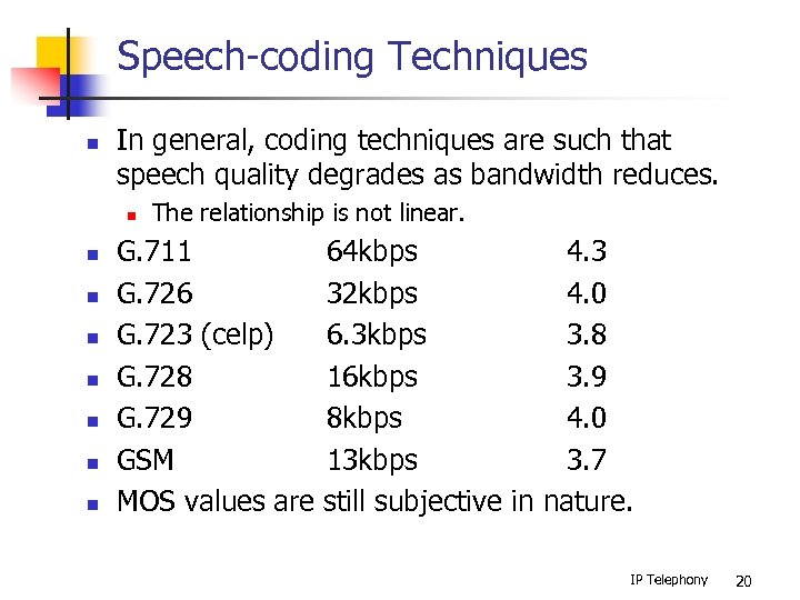 Speech-coding Techniques n In general, coding techniques are such that speech quality degrades as