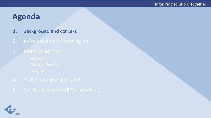 Informing solutions together Agenda 1. Background and context 2. JIPS Involvement in the region