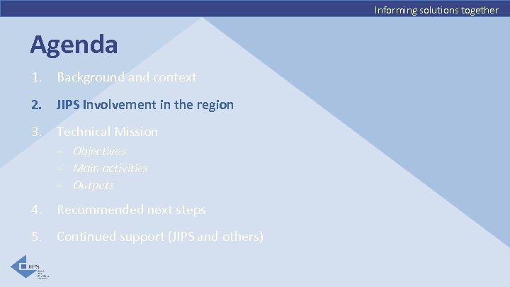 Informing solutions together Agenda 1. Background and context 2. JIPS Involvement in the region