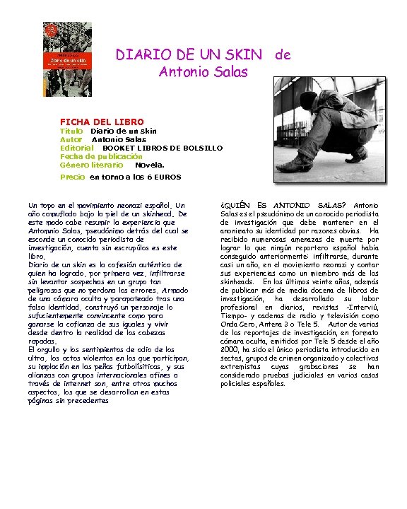DIARIO DE UN SKIN de Antonio Salas FICHA DEL LIBRO Título Diario de un