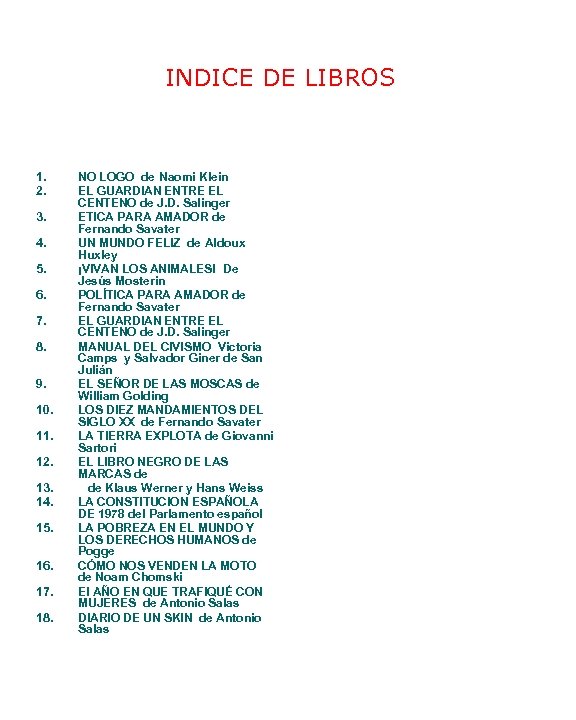 INDICE DE LIBROS 1. 2. 3. 4. 5. 6. 7. 8. 9. 10. 11.