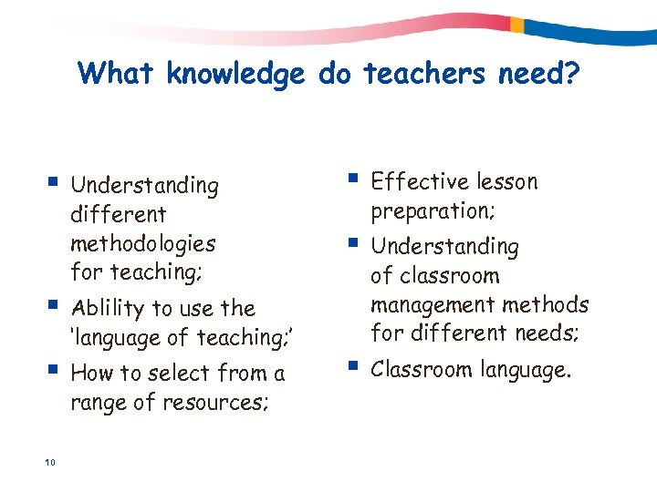 What knowledge do teachers need? § Understanding different methodologies for teaching; § Ablility to