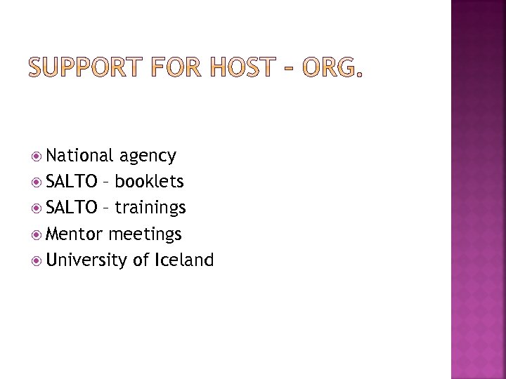  National agency SALTO – booklets SALTO – trainings Mentor meetings University of Iceland