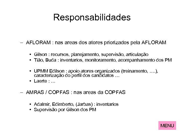 Responsabilidades – AFLORAM : nas areas dos atores priorizados pela AFLORAM • Gilson :