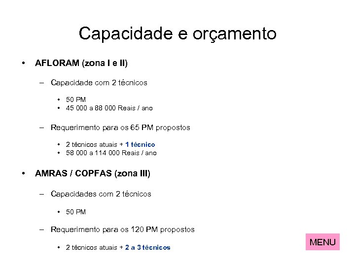 Capacidade e orçamento • AFLORAM (zona I e II) – Capacidade com 2 técnicos