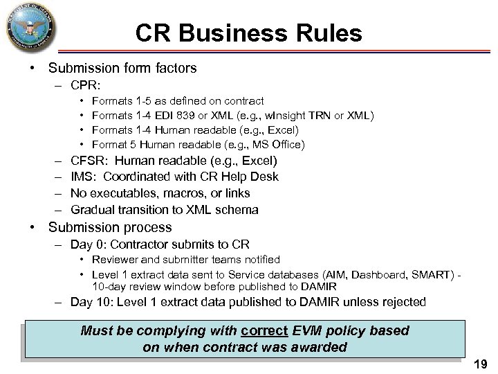 CR Business Rules • Submission form factors – CPR: • • – – Formats