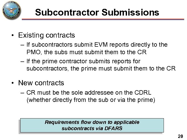 Subcontractor Submissions • Existing contracts – If subcontractors submit EVM reports directly to the