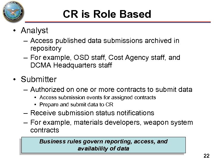 CR is Role Based • Analyst – Access published data submissions archived in repository