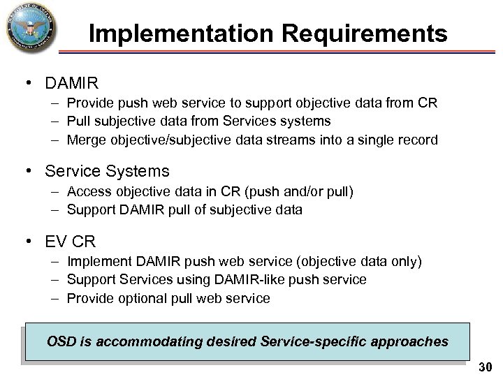 Implementation Requirements • DAMIR – Provide push web service to support objective data from