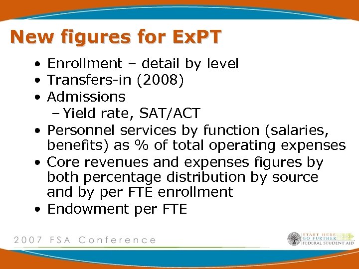 New figures for Ex. PT • Enrollment – detail by level • Transfers-in (2008)