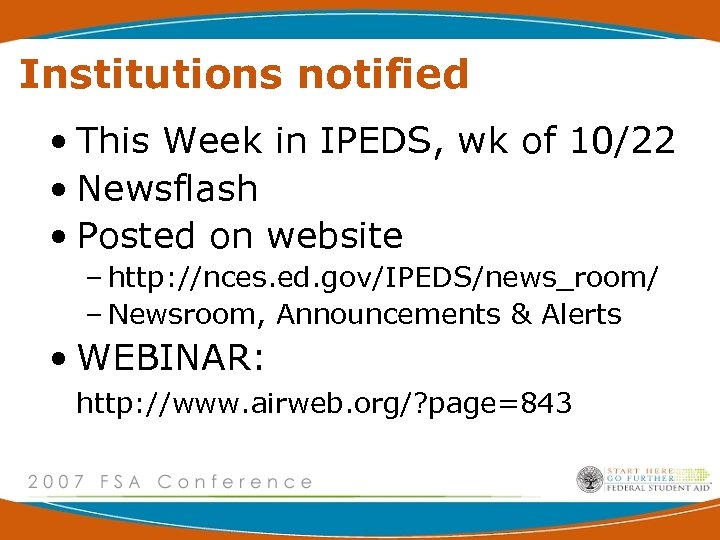 Institutions notified • This Week in IPEDS, wk of 10/22 • Newsflash • Posted