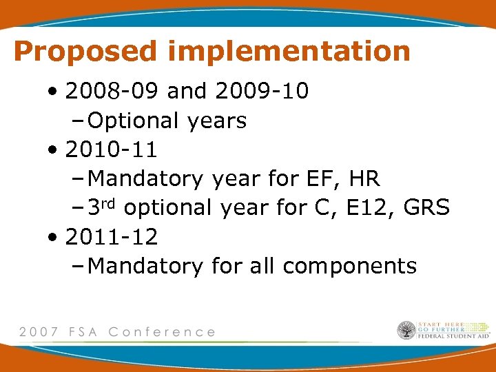 Proposed implementation • 2008 -09 and 2009 -10 – Optional years • 2010 -11