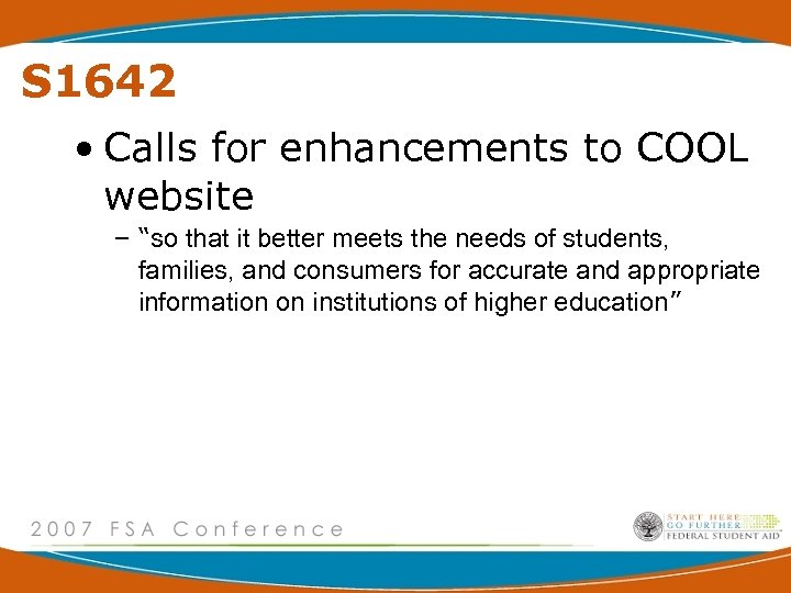 S 1642 • Calls for enhancements to COOL website – “so that it better