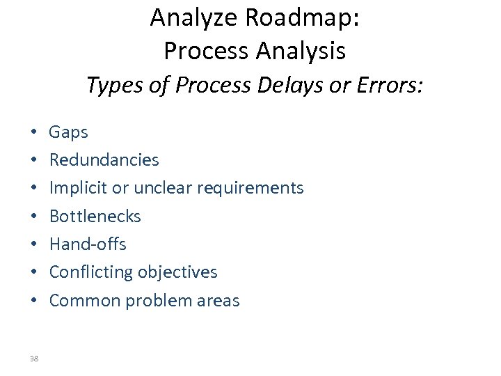 Analyze Roadmap: Process Analysis Types of Process Delays or Errors: • • 38 Gaps