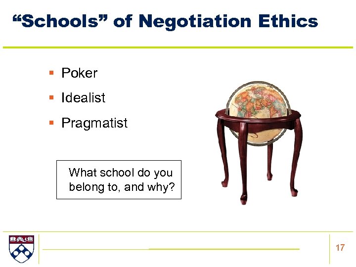“Schools” of Negotiation Ethics § Poker § Idealist § Pragmatist What school do you