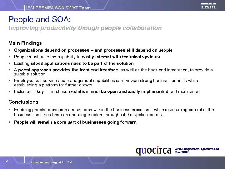 IBM CEEMEA SOA SWAT Team People and SOA: Improving productivity though people collaboration Main