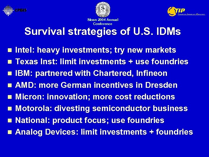 Sloan 2004 Annual Conference Survival strategies of U. S. IDMs n n n n