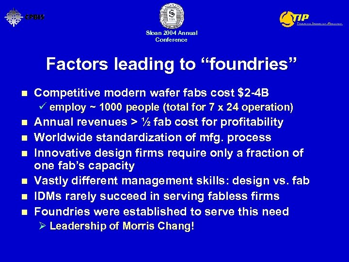 Sloan 2004 Annual Conference Factors leading to “foundries” n Competitive modern wafer fabs cost