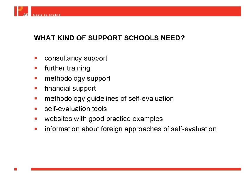 WHAT KIND OF SUPPORT SCHOOLS NEED? § § § § consultancy support further training