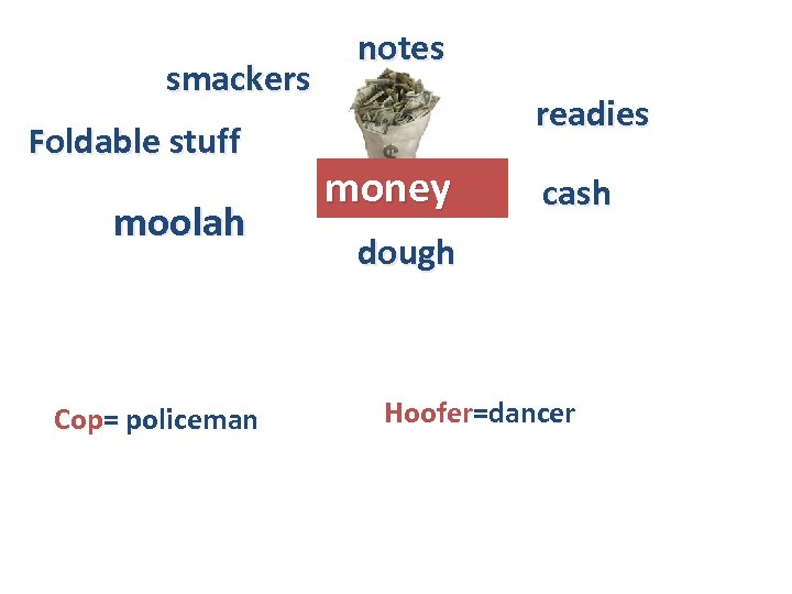 smackers Foldable stuff moolah Cop= policeman notes readies money cash dough Hoofer=dancer 