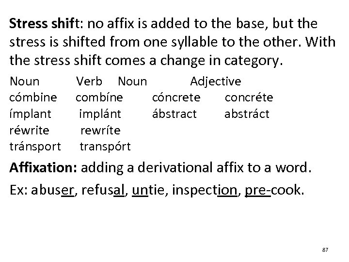 Stress shift: no affix is added to the base, but the stress is shifted