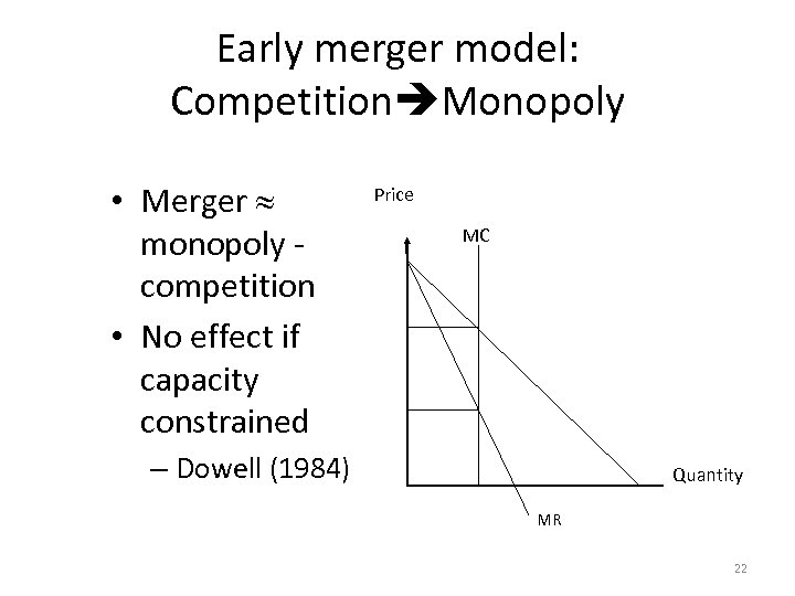 Early merger model: Competition Monopoly • Merger monopoly competition • No effect if capacity