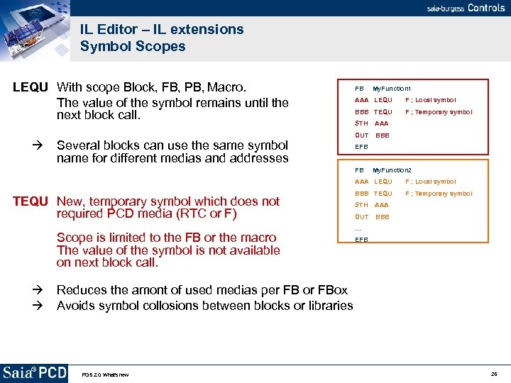 IL Editor – IL extensions Symbol Scopes LEQU With scope Block, FB, PB, Macro.
