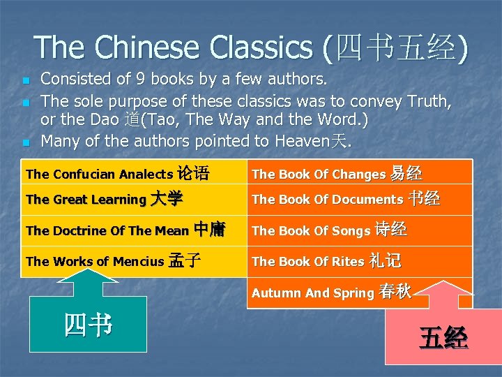 The Chinese Classics (四书五经) n n n Consisted of 9 books by a few