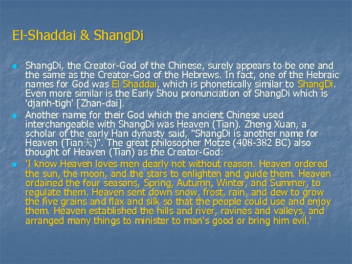 El-Shaddai & Shang. Di n n n Shang. Di, the Creator-God of the Chinese,