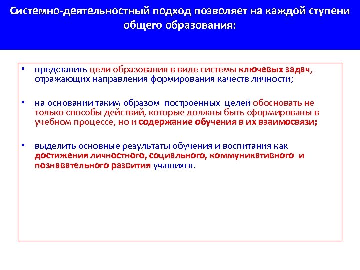 Системно-деятельностный подход позволяет на каждой ступени общего образования: • представить цели образования в виде