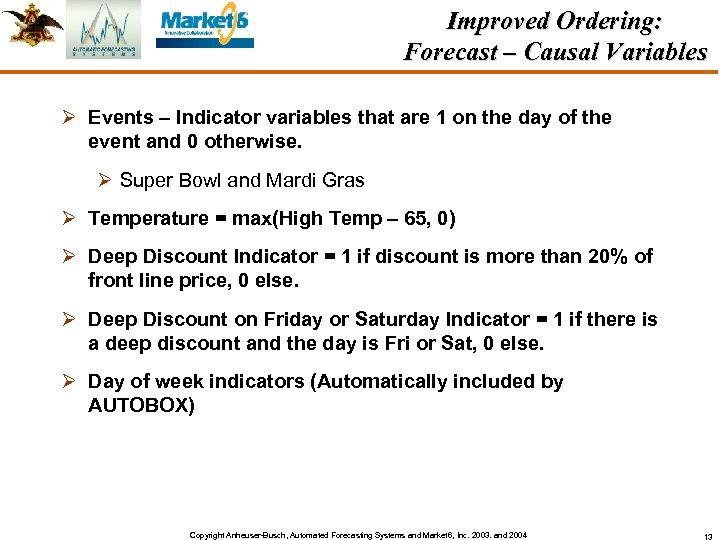 Improved Ordering: Forecast – Causal Variables Ø Events – Indicator variables that are 1