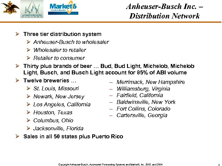 Anheuser-Busch Inc. – Distribution Network Ø Three tier distribution system Ø Anheuser-Busch to wholesaler