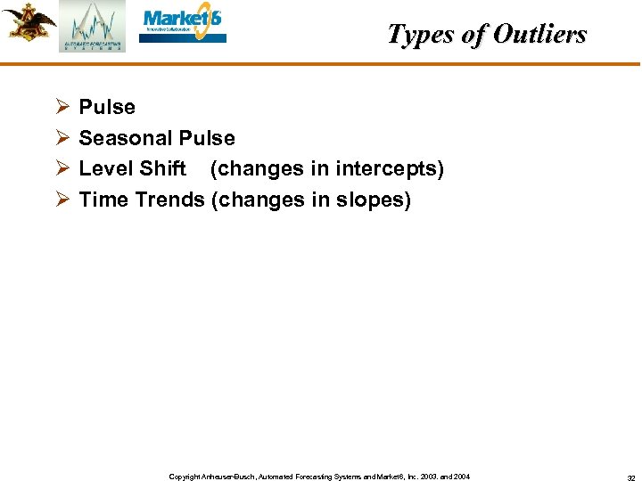 Types of Outliers Ø Ø Pulse Seasonal Pulse Level Shift (changes in intercepts) Time